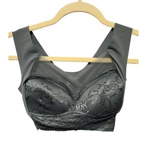 Womens Full Coverage Bra Lace Overlay Wirefree Support Size L‎ Grey blue